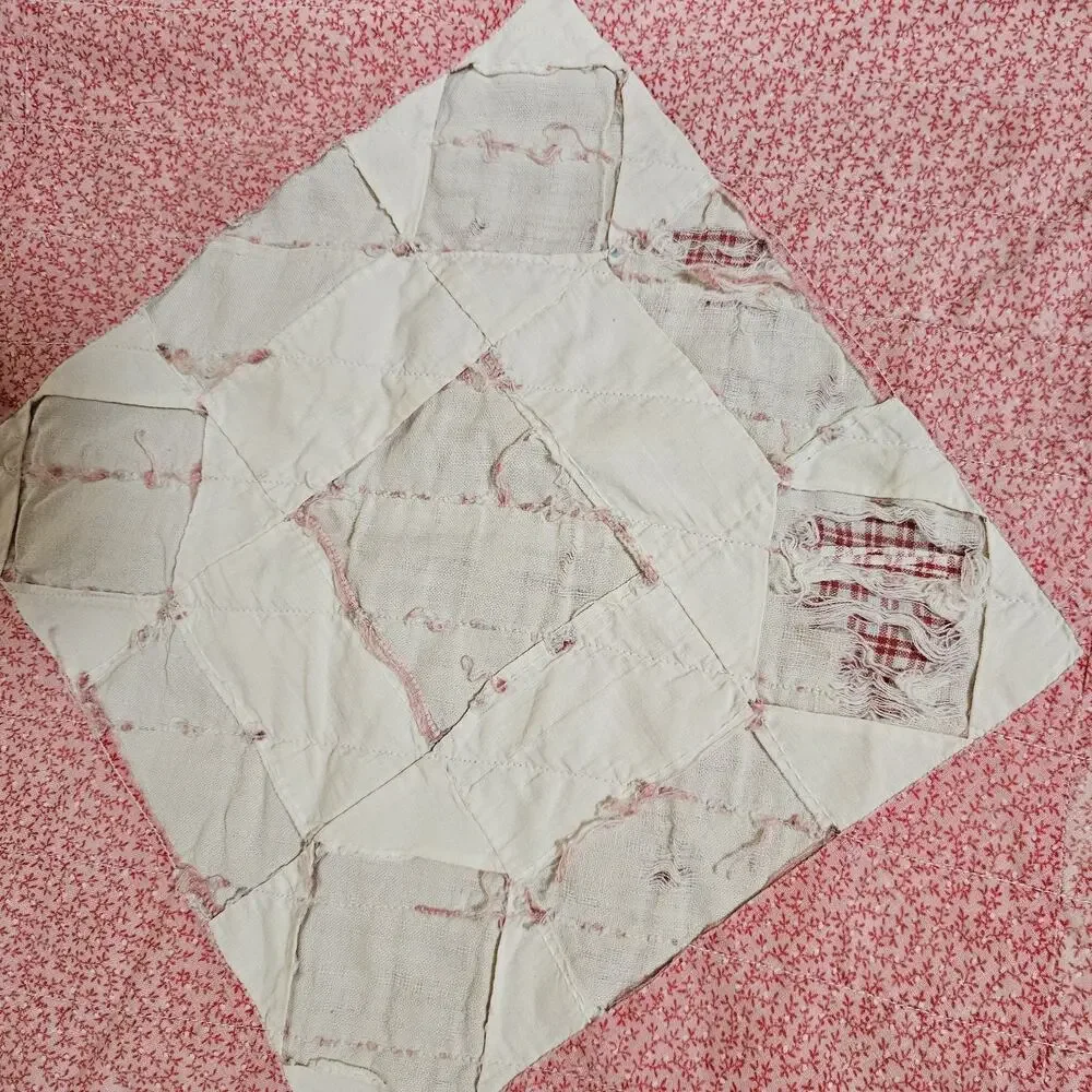 Vtg Hand pieced patchwork quilt 80X80 Chimney sweep design damage stains READ